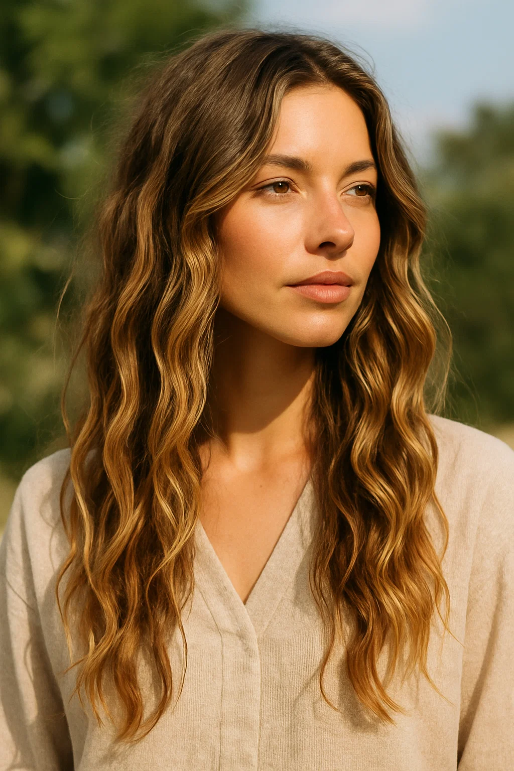 A woman with long hair styled in soft, beachy waves