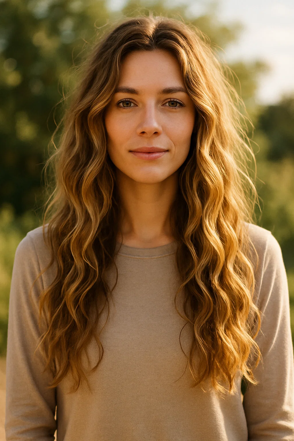 A woman with long, natural beachy waves