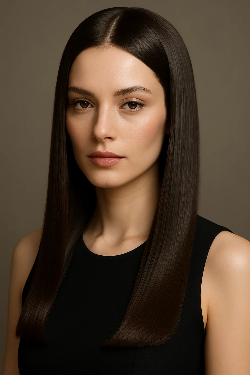 A woman with long, straight hair, sleek and shiny with a polished look
