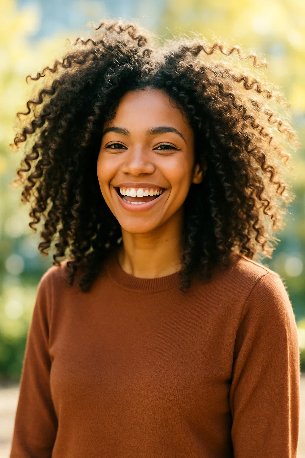 A woman with long, textured curls, celebrating natural hair with volume and definition.
