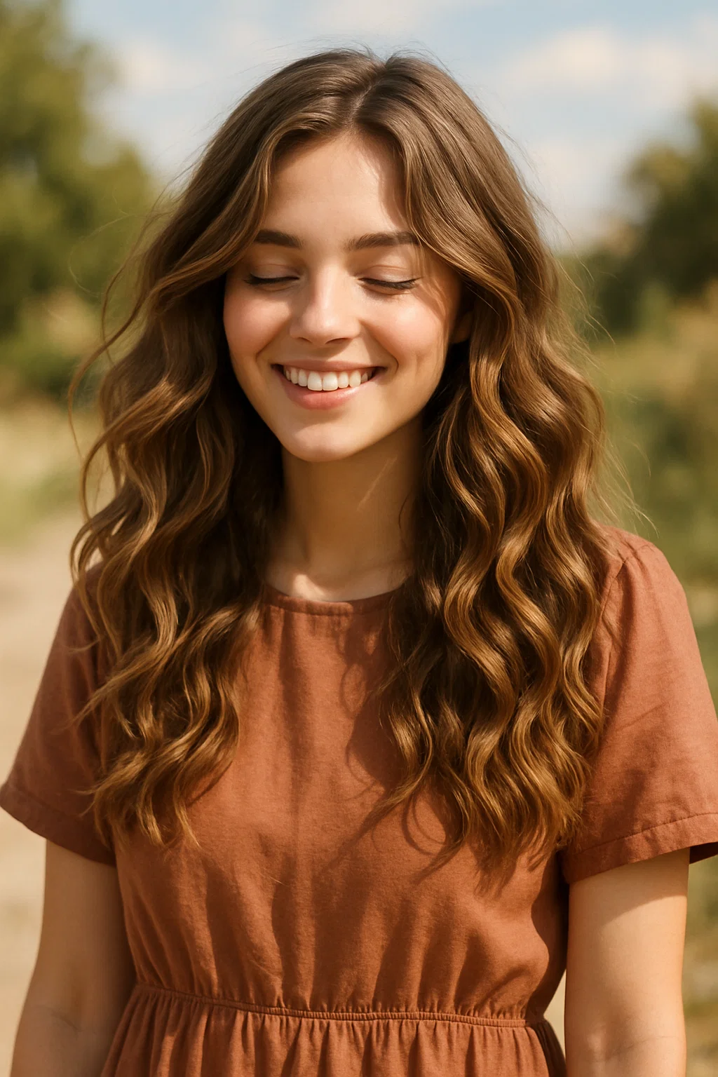 A woman with long wavy hair styled in soft beachy waves or more defined curls