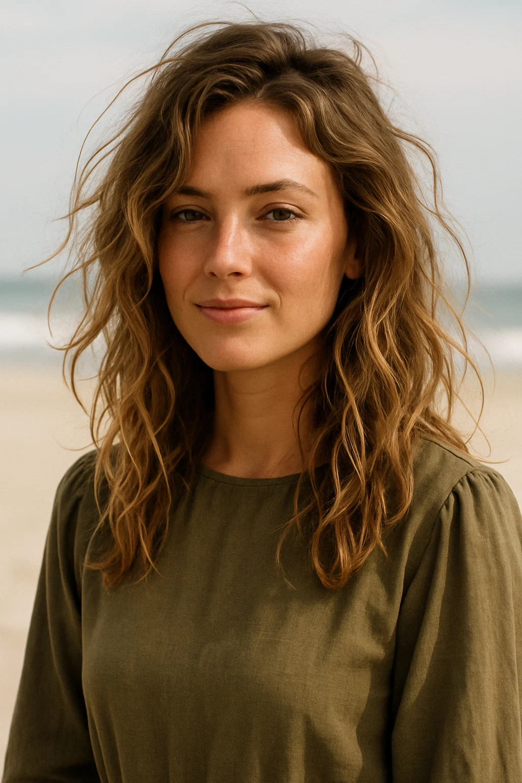A woman with messy beach waves, tousled and natural