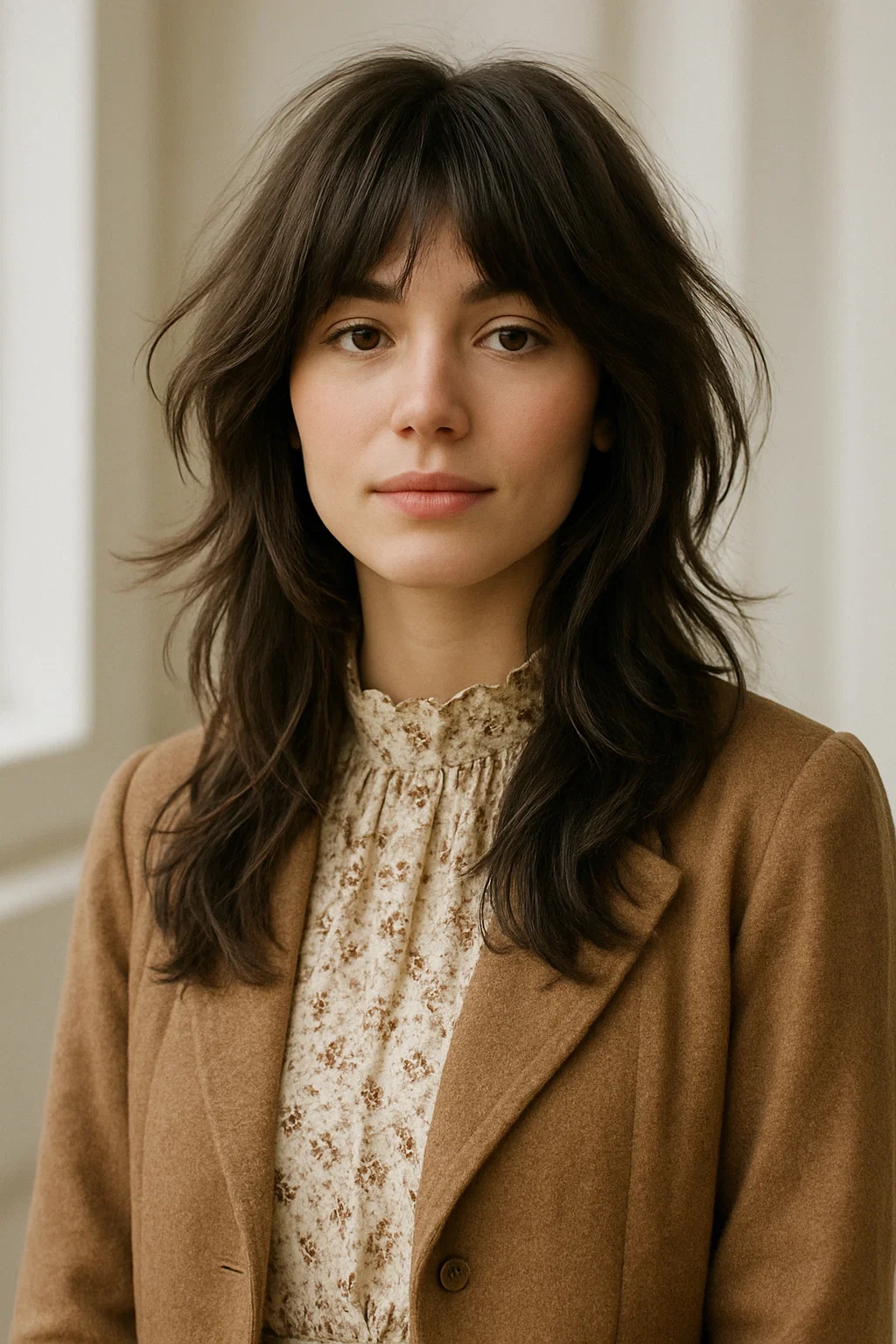 A woman with shaggy long layers, styled with volume and movement, giving off an effortlessly cool vibe.