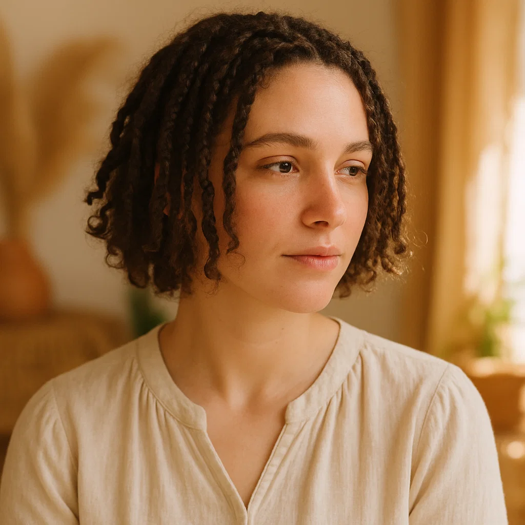 A woman with short boho knotless braids,