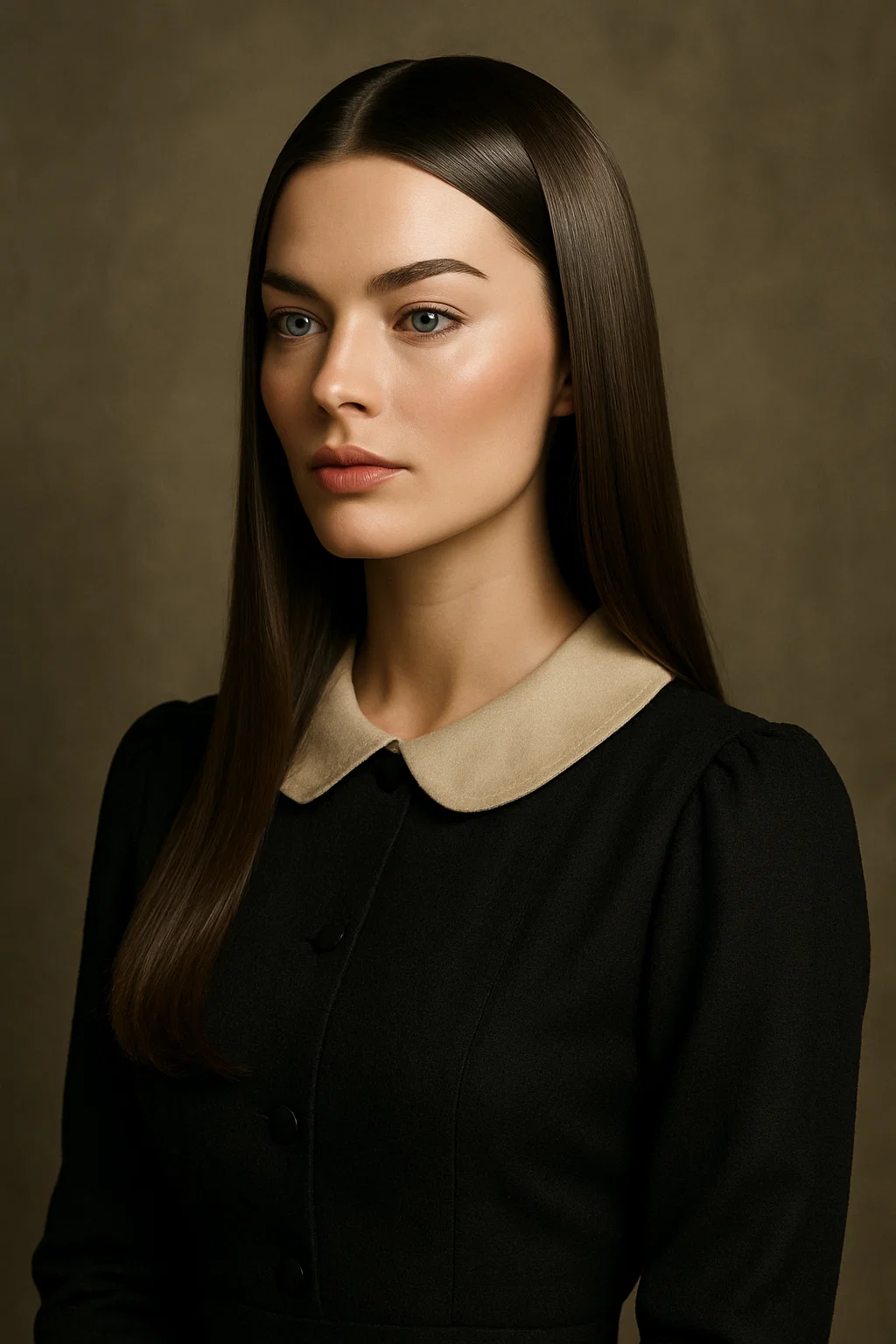 A woman with sleek, straight long hair, exuding elegance and sophistication