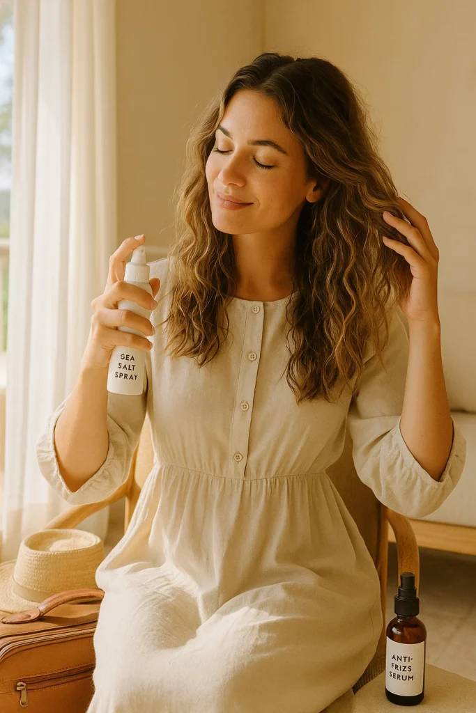 A woman with soft, beachy waves using sea salt spray on vacation