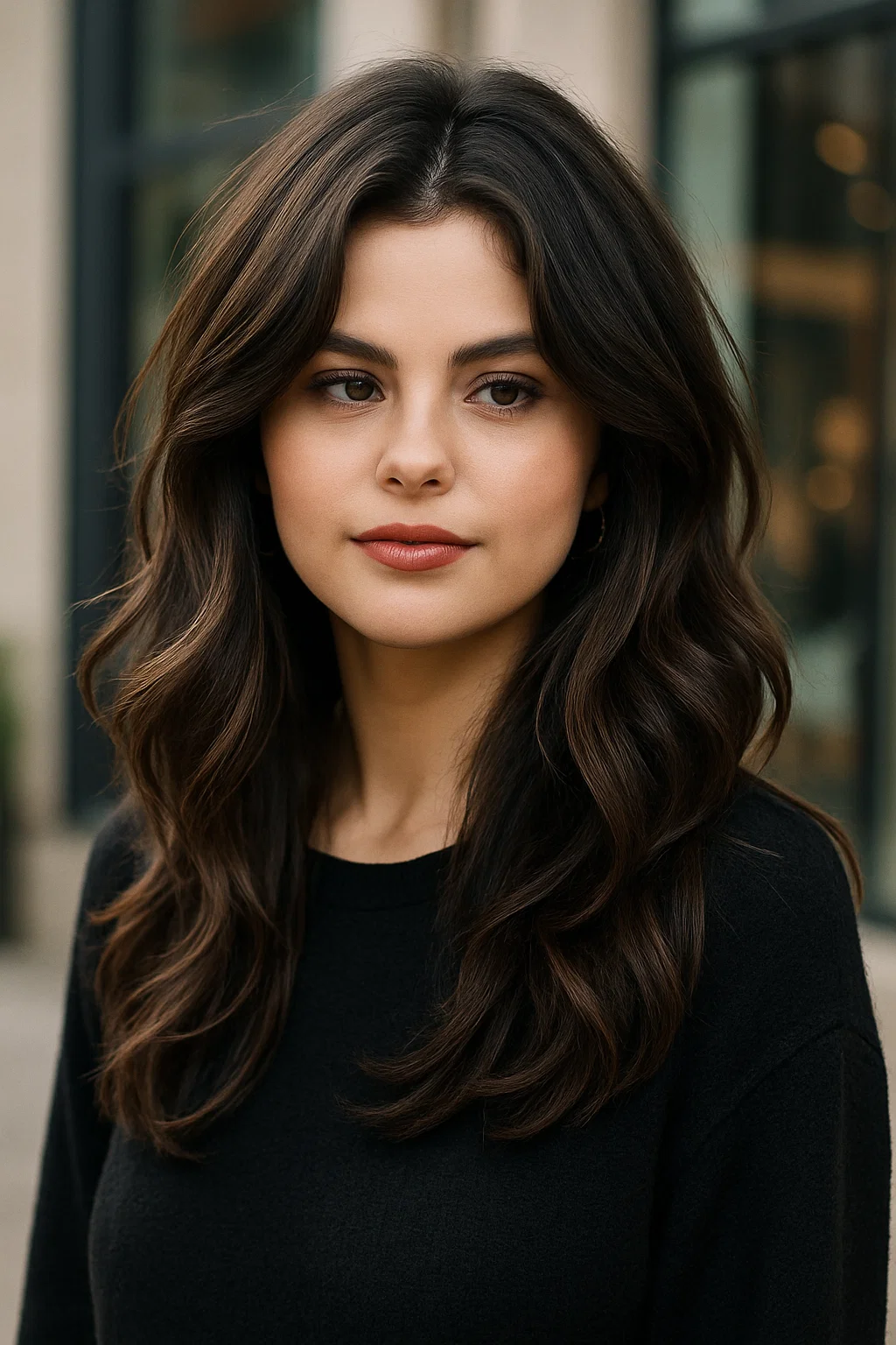 A woman with soft, layered waves in her long hair
