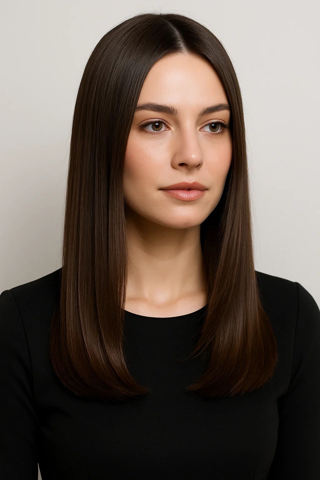 A woman with straight long hair, styled in blunt ends or soft layers for a sleek and polished look