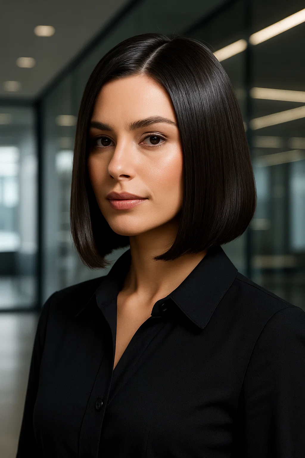 A woman with straight, sleek cowgirl bob