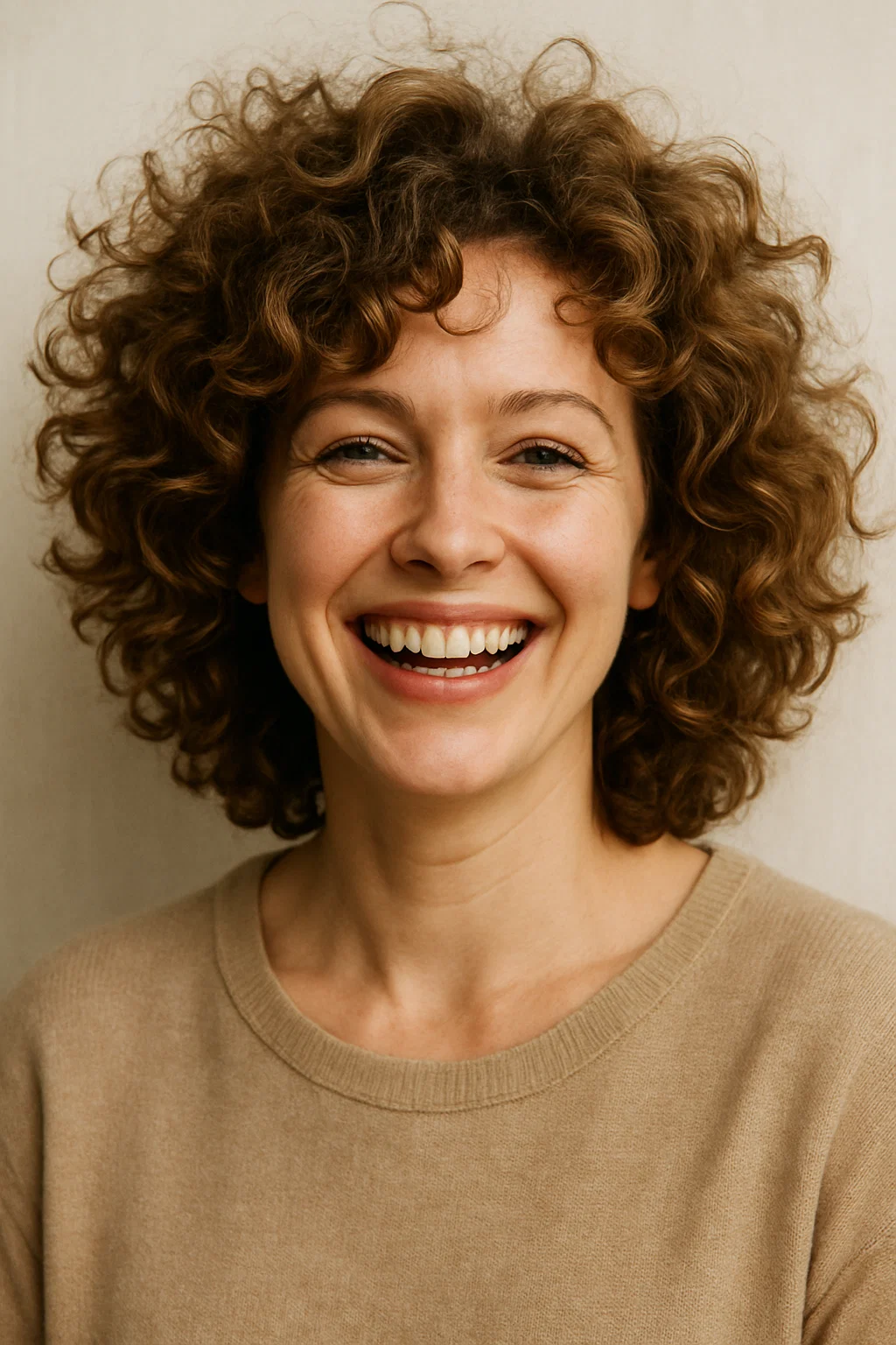 A woman with voluminous, curly hair styled in layer