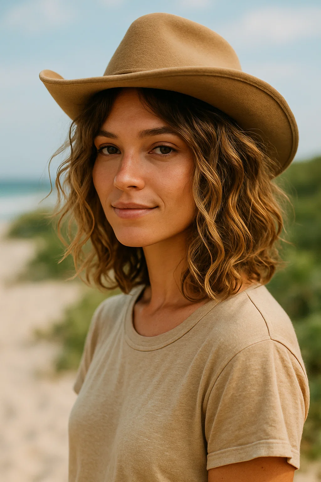 A woman with wavy hair styled in a cowgirl bob, with loose