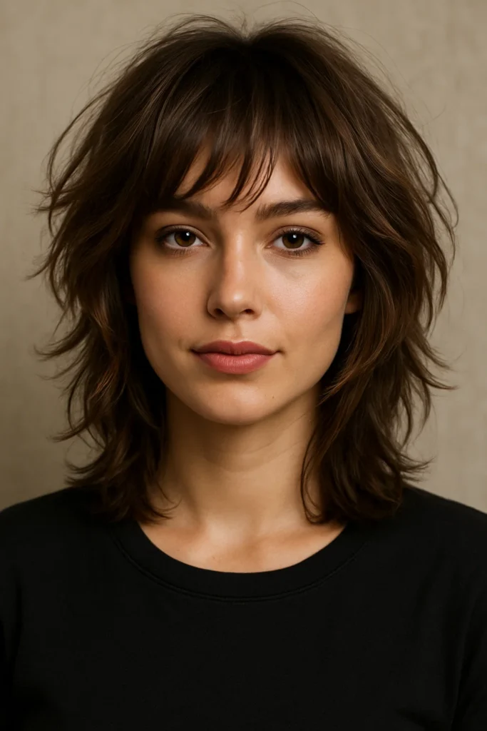 A young woman with a layered shag haircut