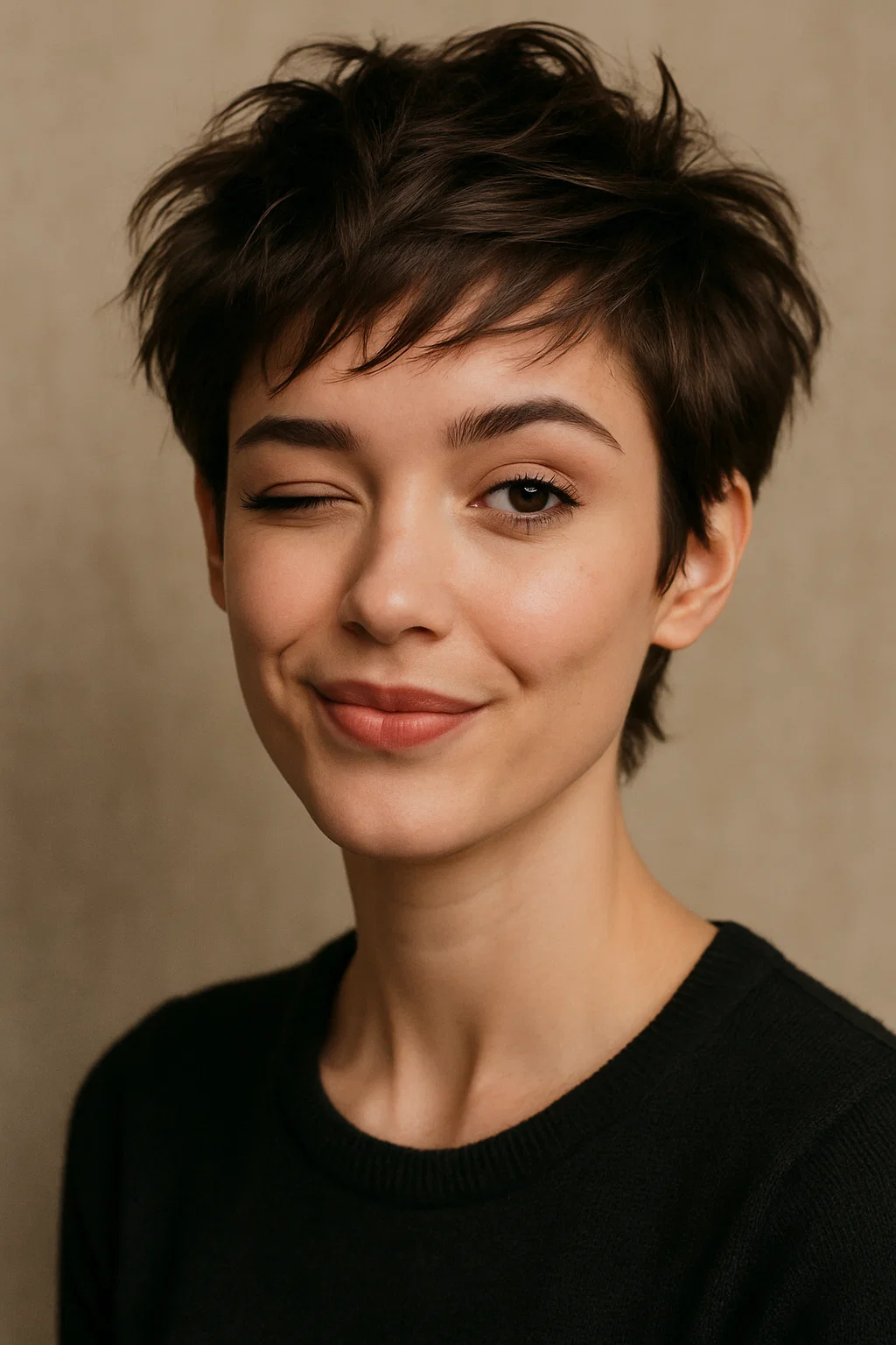 A young woman with a textured pixie cut, short and layered with volume and movement