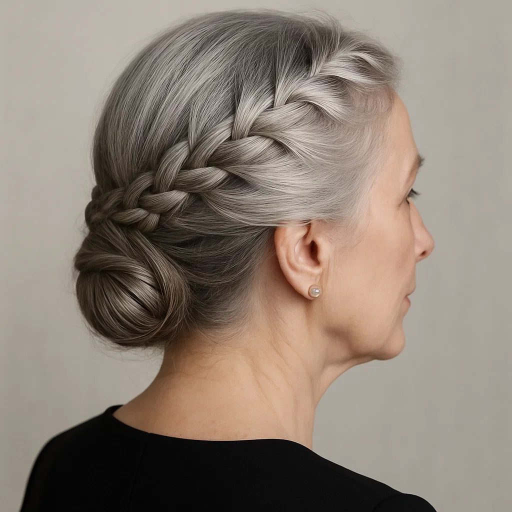 An older woman with long hair styled in a Dutch braid updo