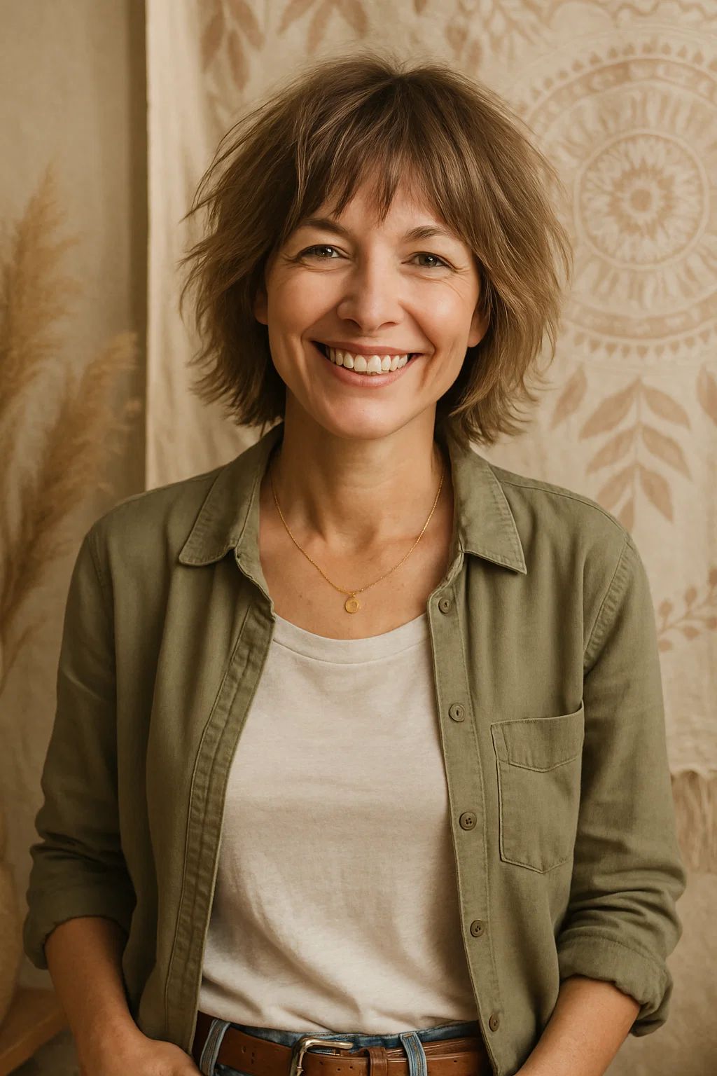 Carefree woman over 40 with fine hair in a modern shaggy bob