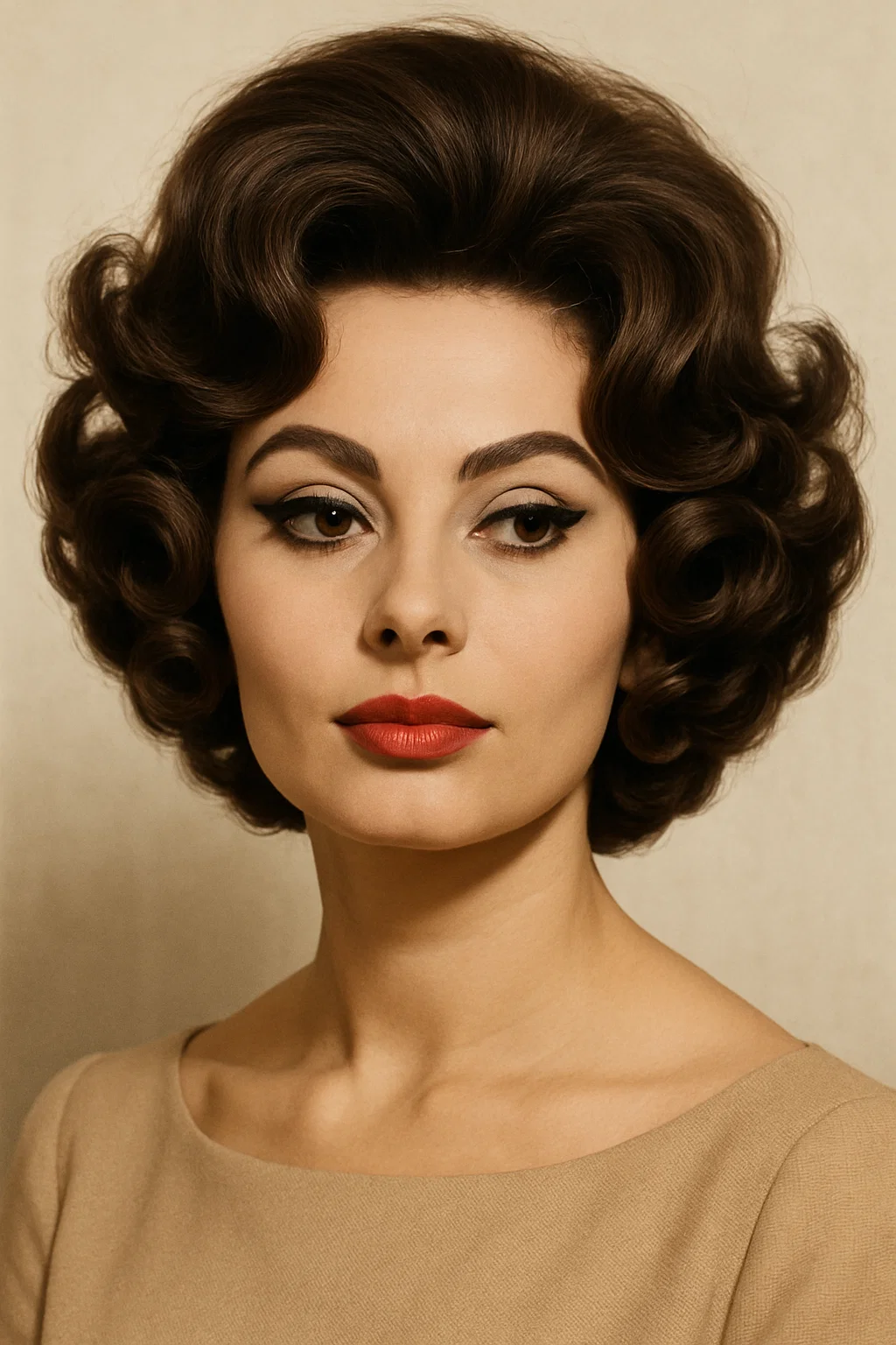 Classic 1960s retro curls hairstyle with defined curls, voluminous body, and a polished finish, inspired by Sophia Loren.