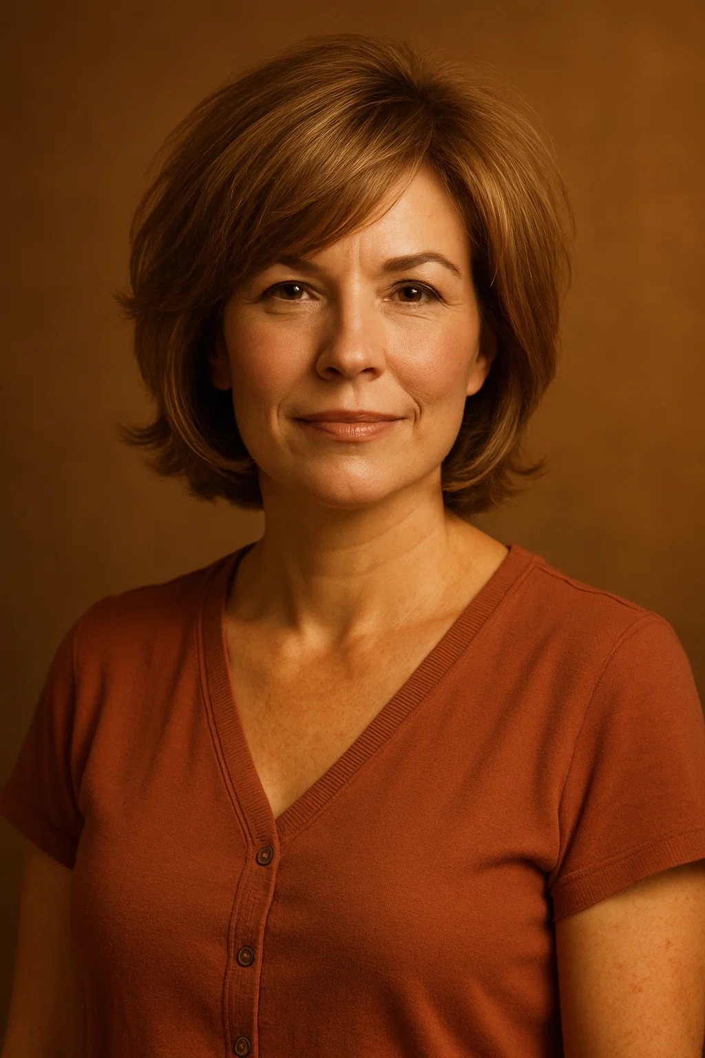 Confident woman in her 40s with fine hair styled in a layered bob with side bangs