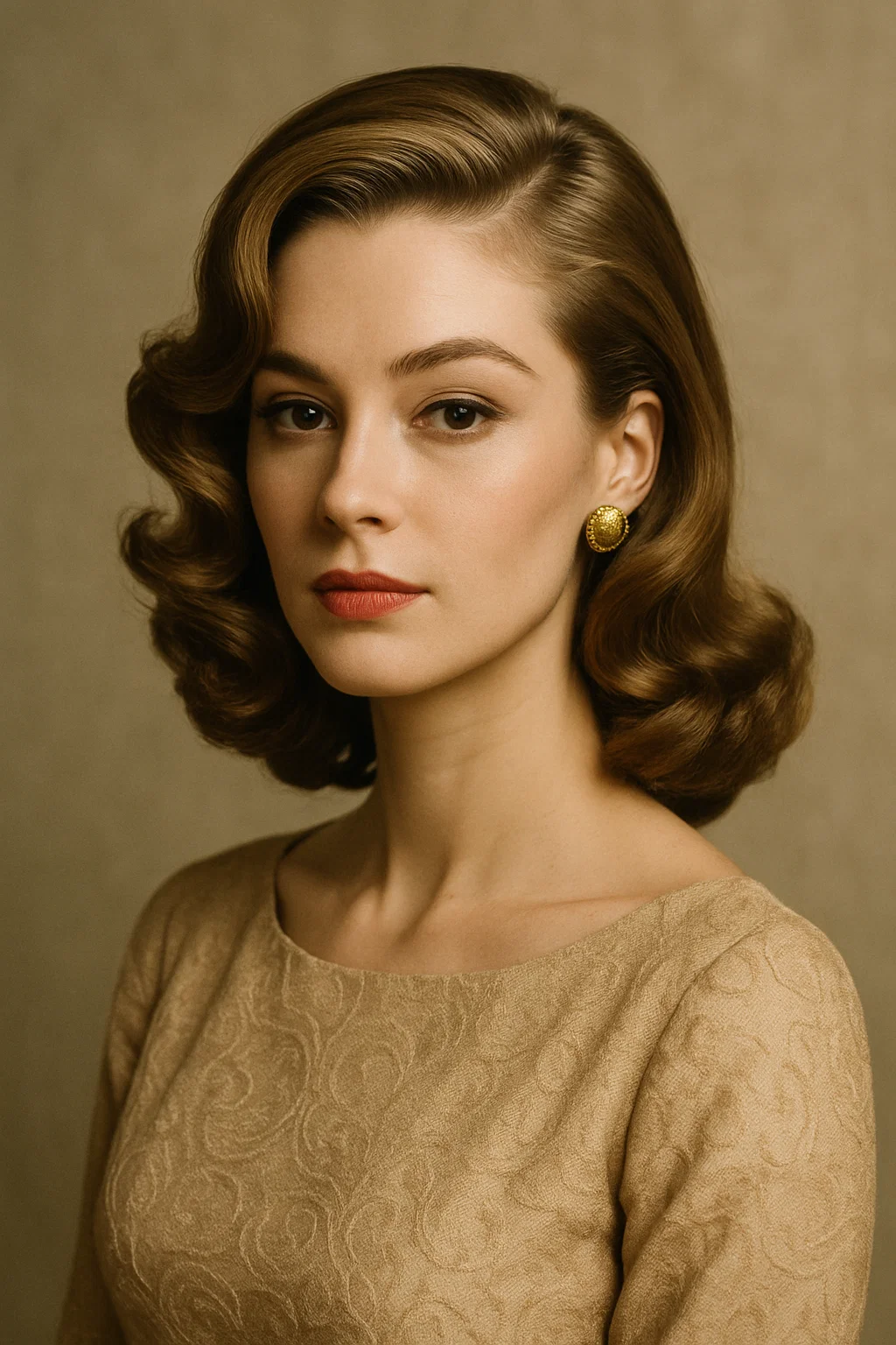 Elegant 1960s side-swept waves hairstyle with soft curls swept to one side and a deep side part, reminiscent of old Hollywood glamour. add vintage clothes for women