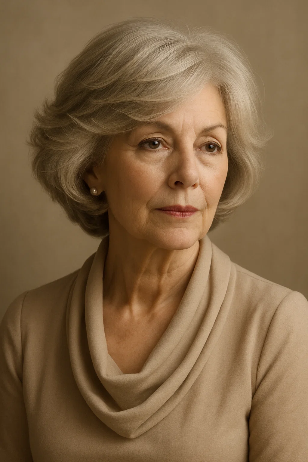 Elegant older woman with a feathered bob and soft light layers