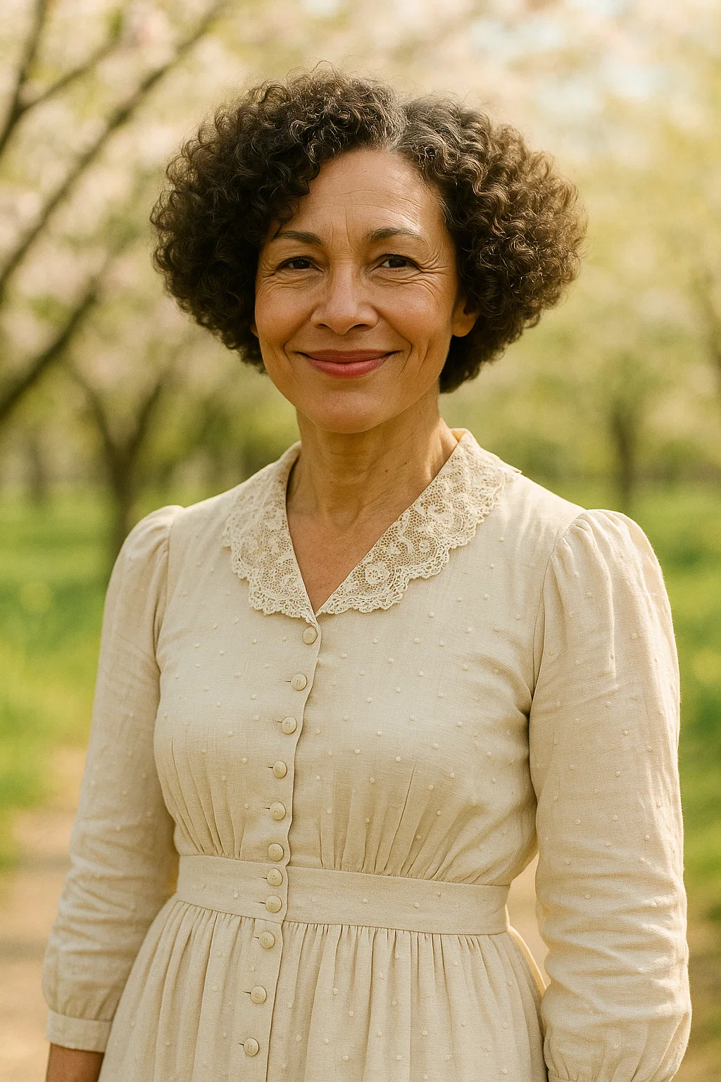 Mature woman with natural curls in an inverted bob shape