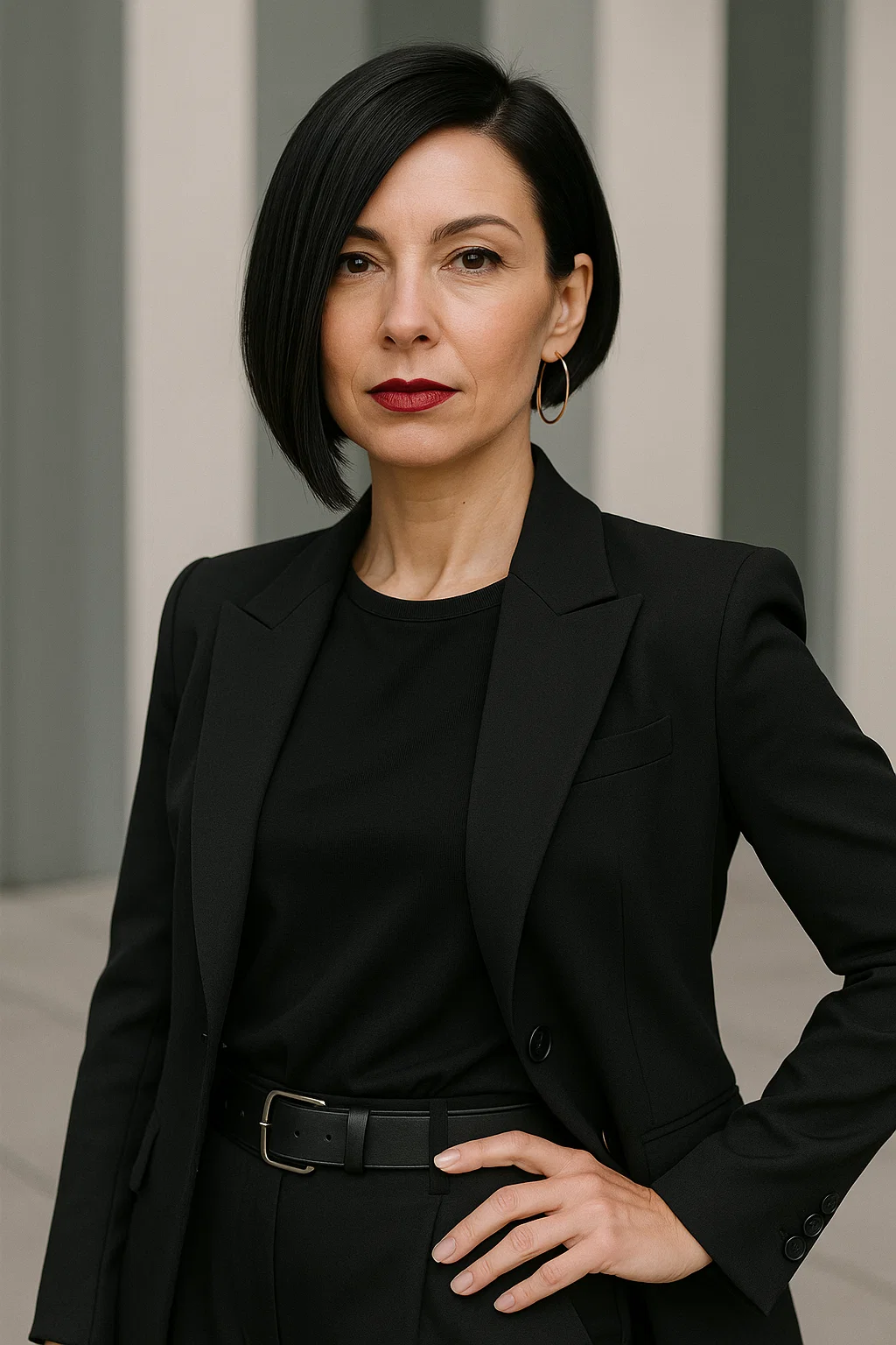 Modern woman over 40 with an asymmetrical bob haircut