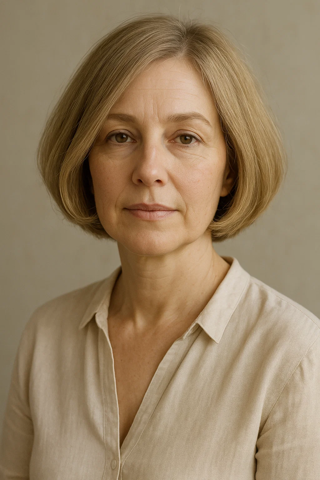Refined woman over 40 with fine hair in a soft A-line bob haircut