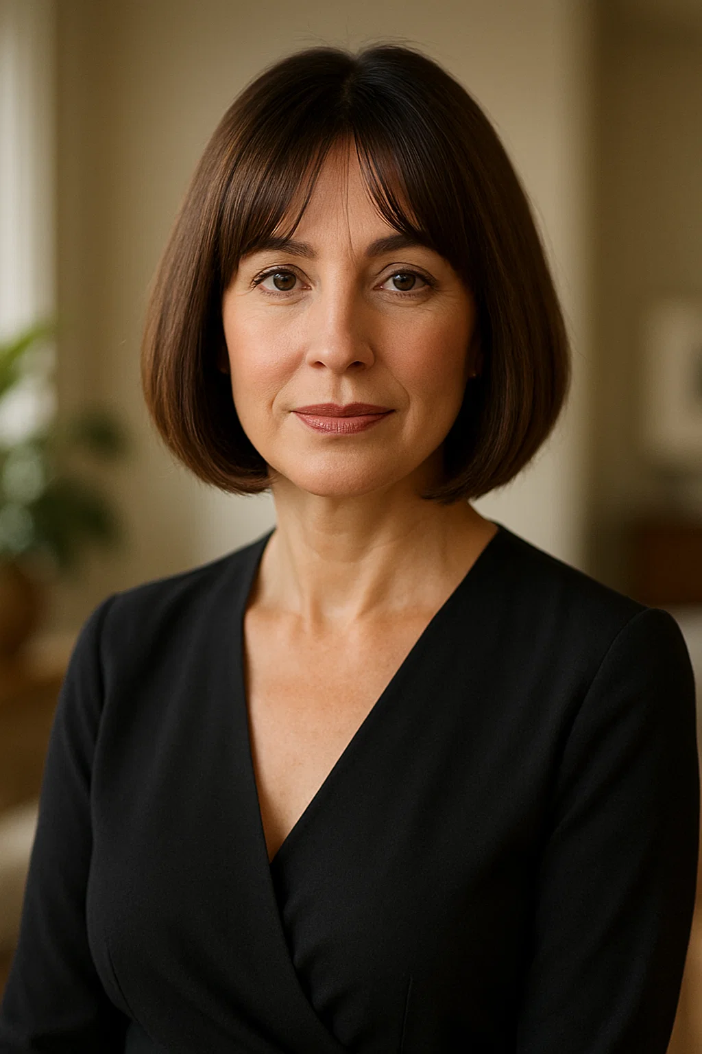 Sophisticated woman in her 40s wearing a bob cut with curtain bangs