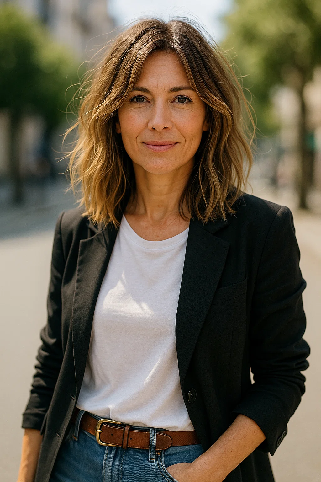 Trendy woman in her mid-40s with a tousled long bob hairstyle
