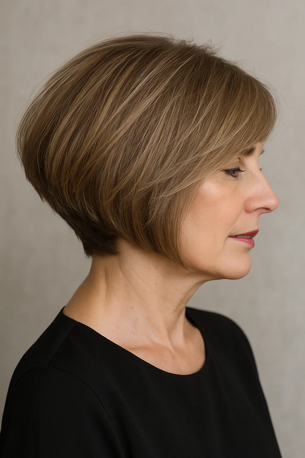 Woman aged 40+ with fine hair in a voluminous angled bob cut