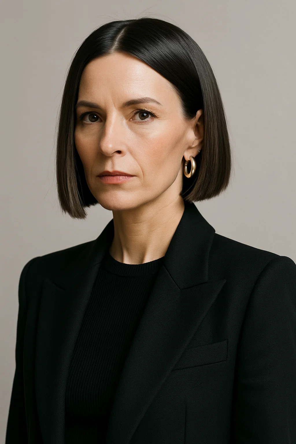 Woman in her 40s with fine hair cut in a sleek blunt bob