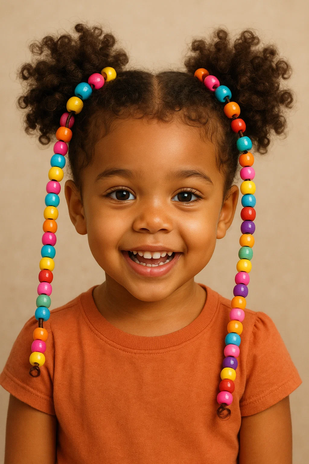 an image of a child with curly puffs adorned with colorful beads, creating a playful and cute look.