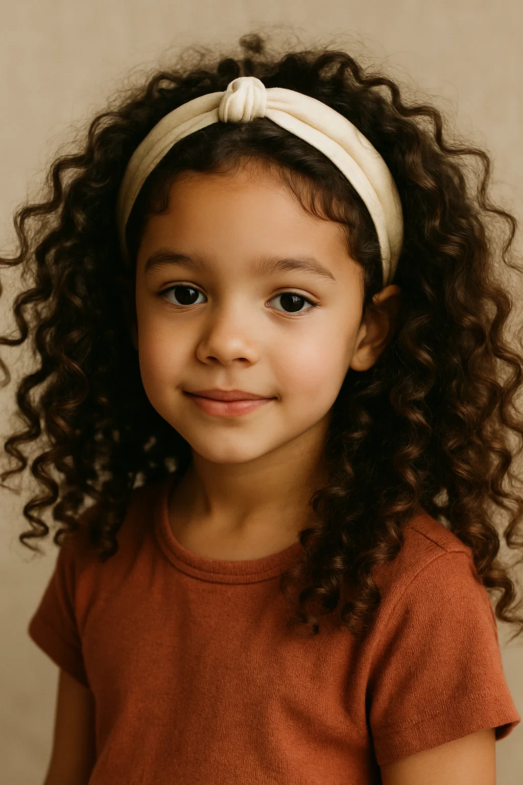 an image of a girl with loose, natural curls and a cute headband, with the curls flowing freely and the headband keeping hair out of her face.