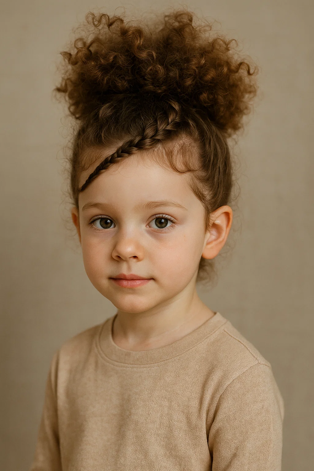 an image of a little girl with curly hair styled in a high puff with a twist, featuring a braid at the front for a more intricate look
