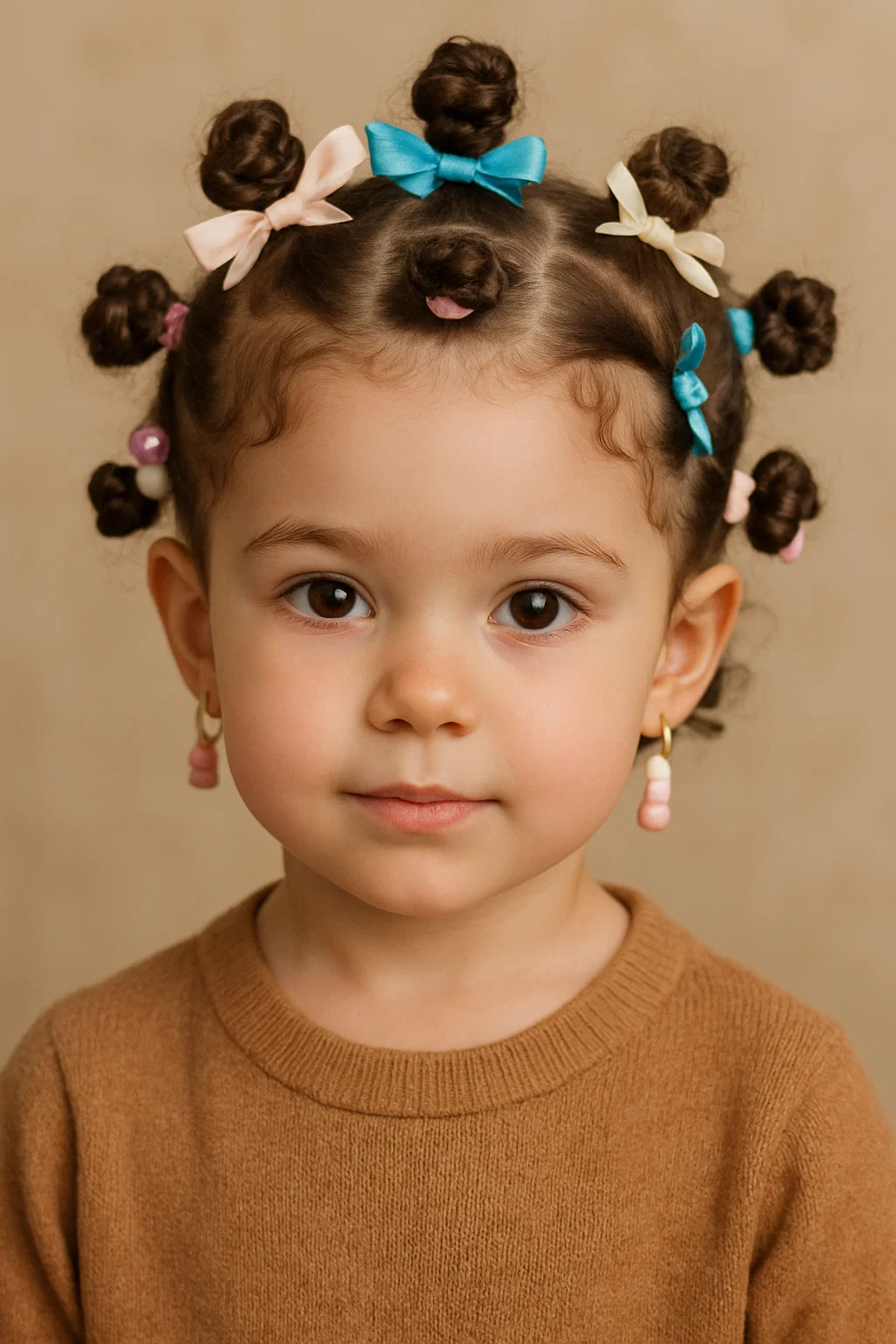 an image of a little girl with curly hair styled into Bantu knots, with each knot neatly formed and accessorized with beads or ribbons.