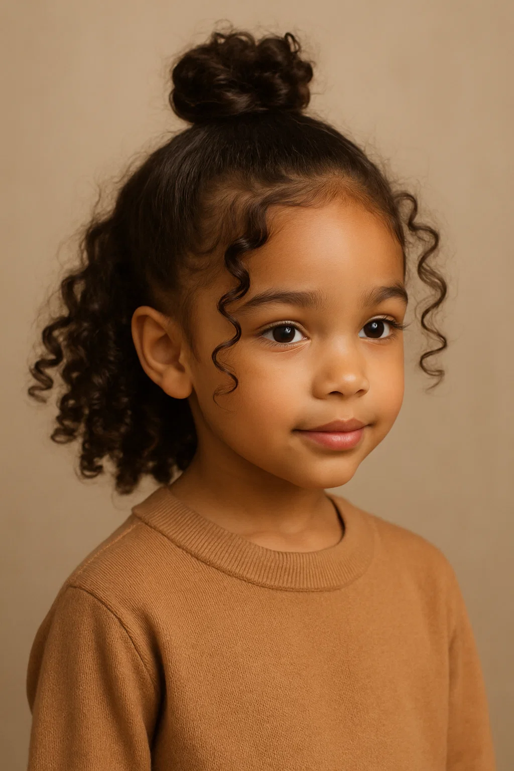 an image of a little girl with curly hair styled into a chic high ponytail, twisted into a small bun at the top of the head, with some curls framing the face.
