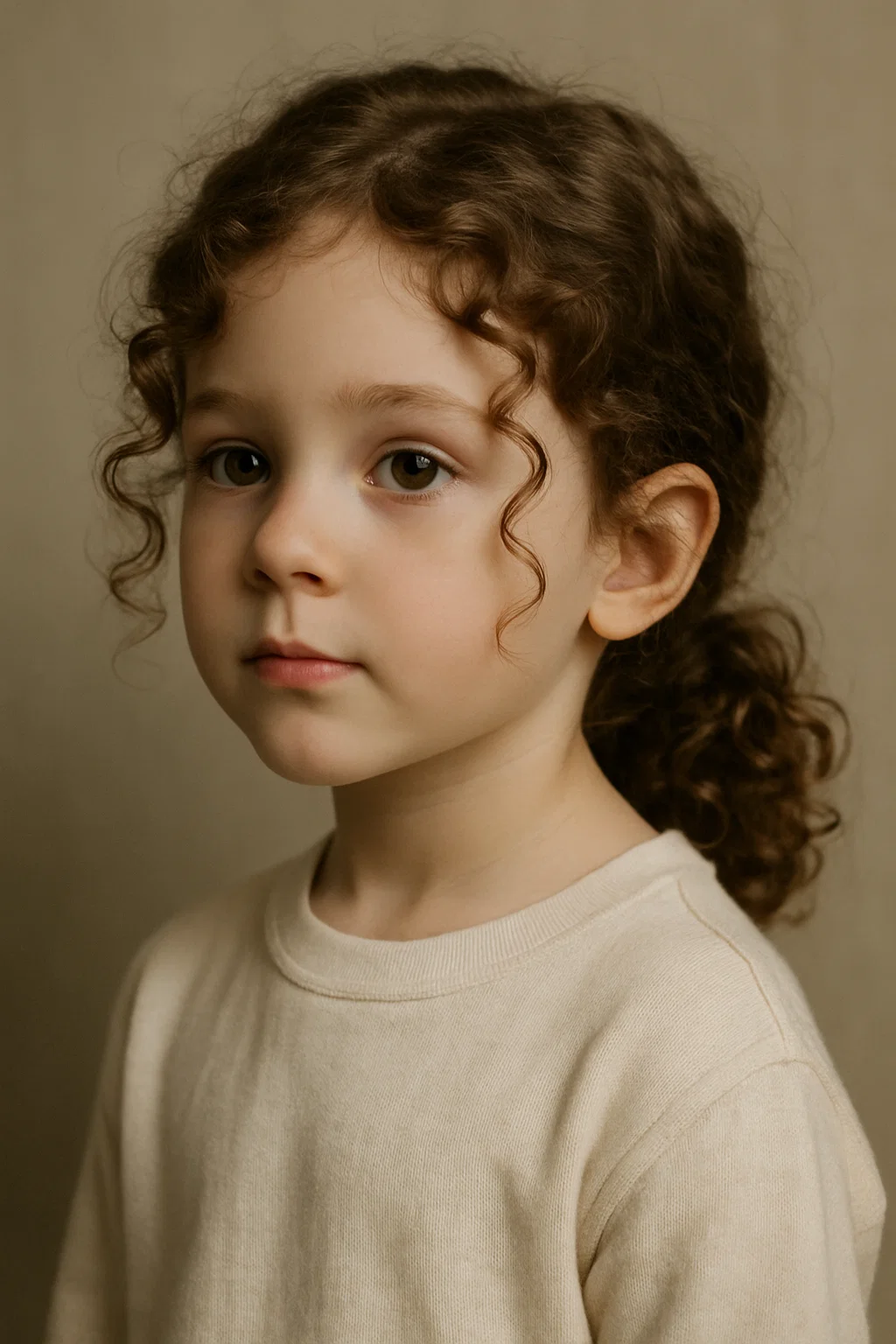 an image of a little girl with curly hair styled into a low ponytail at the nape of her neck, with some curls framing her face