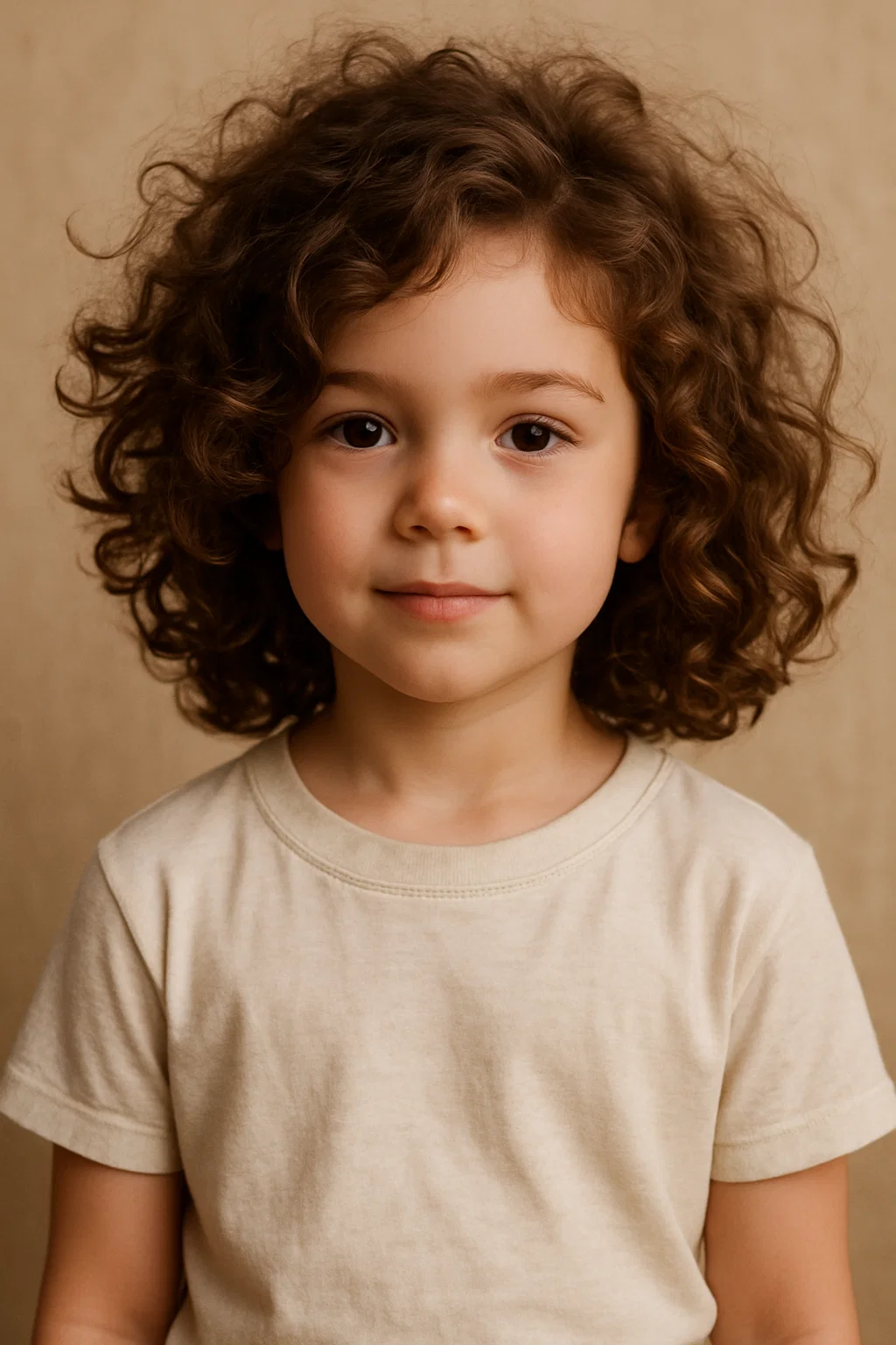 an image of a little girl with fluffy, voluminous curls styled with a side part, offering a natural, effortless look for casual days.