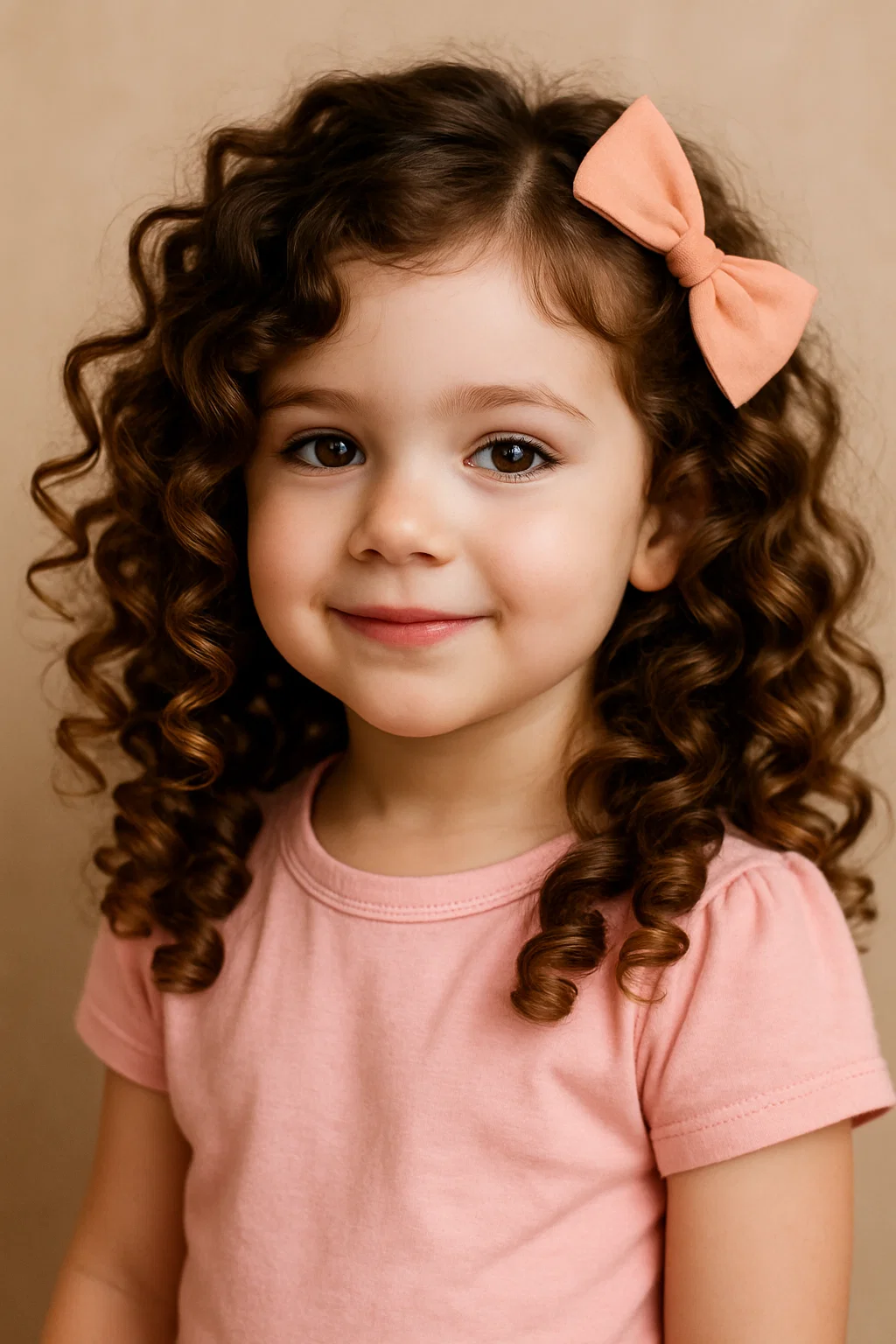 an image of a little girl with large, defined curls paired with a cute bow at the side of her head for a fun, girly look.