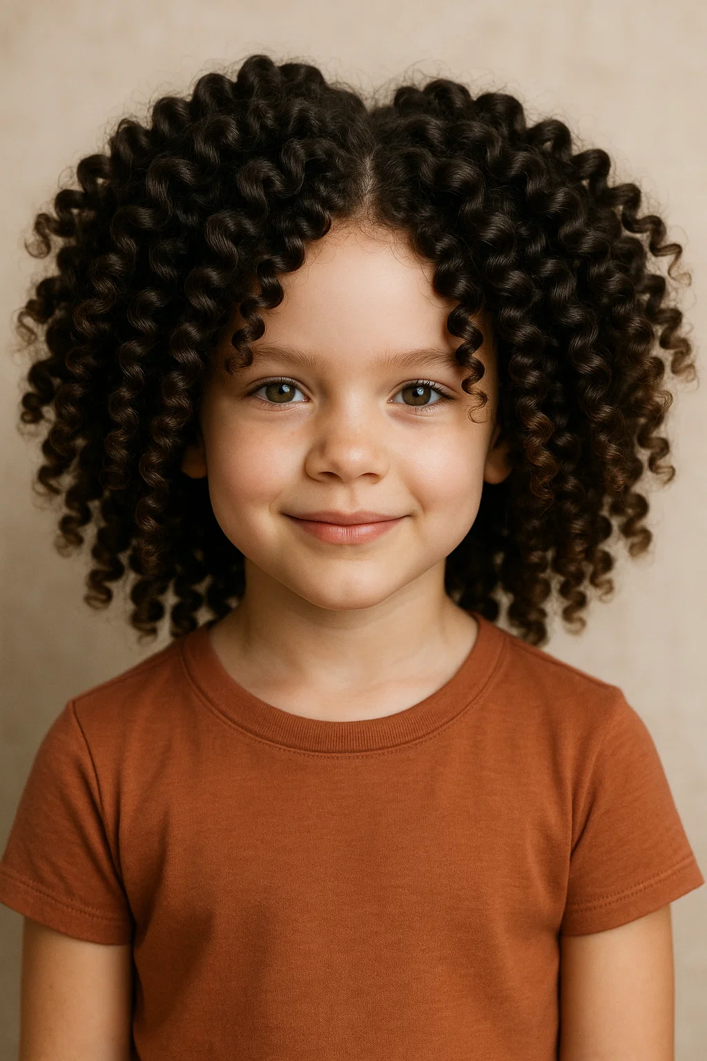 an image of a little girl with thick curly hair, showcasing a twist-out hairstyle with defined curls that are neat, bouncy, and full of volume.