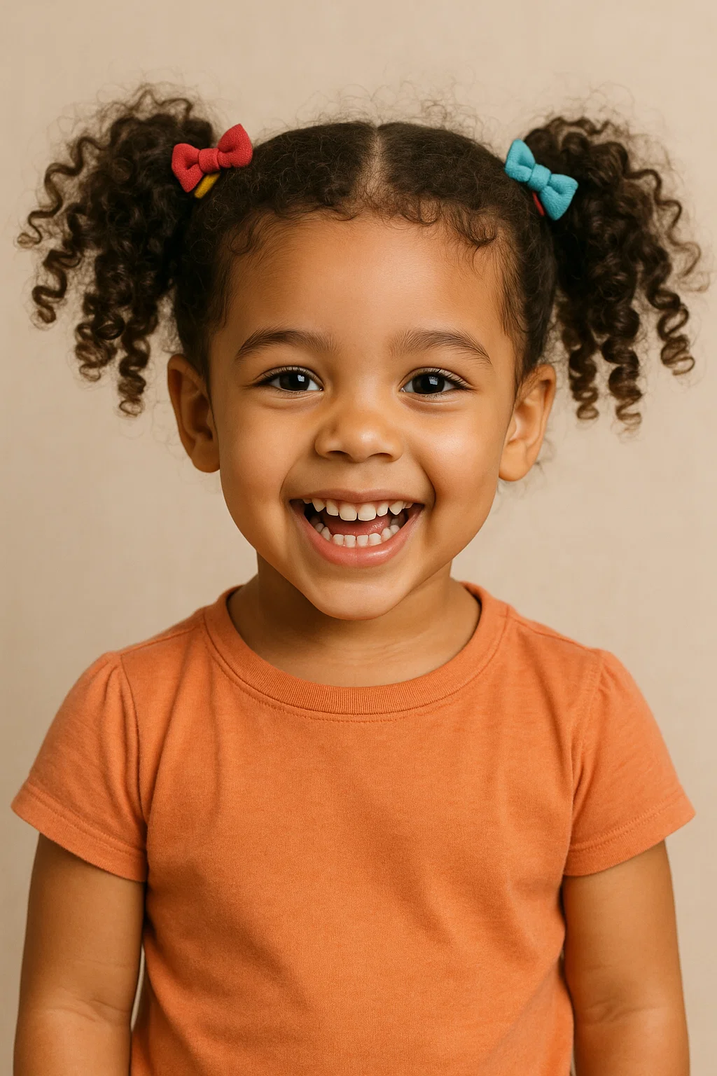 an image of a playful little girl with curly hair styled into two pigtails, with colorful hair ties and bows for added flair.