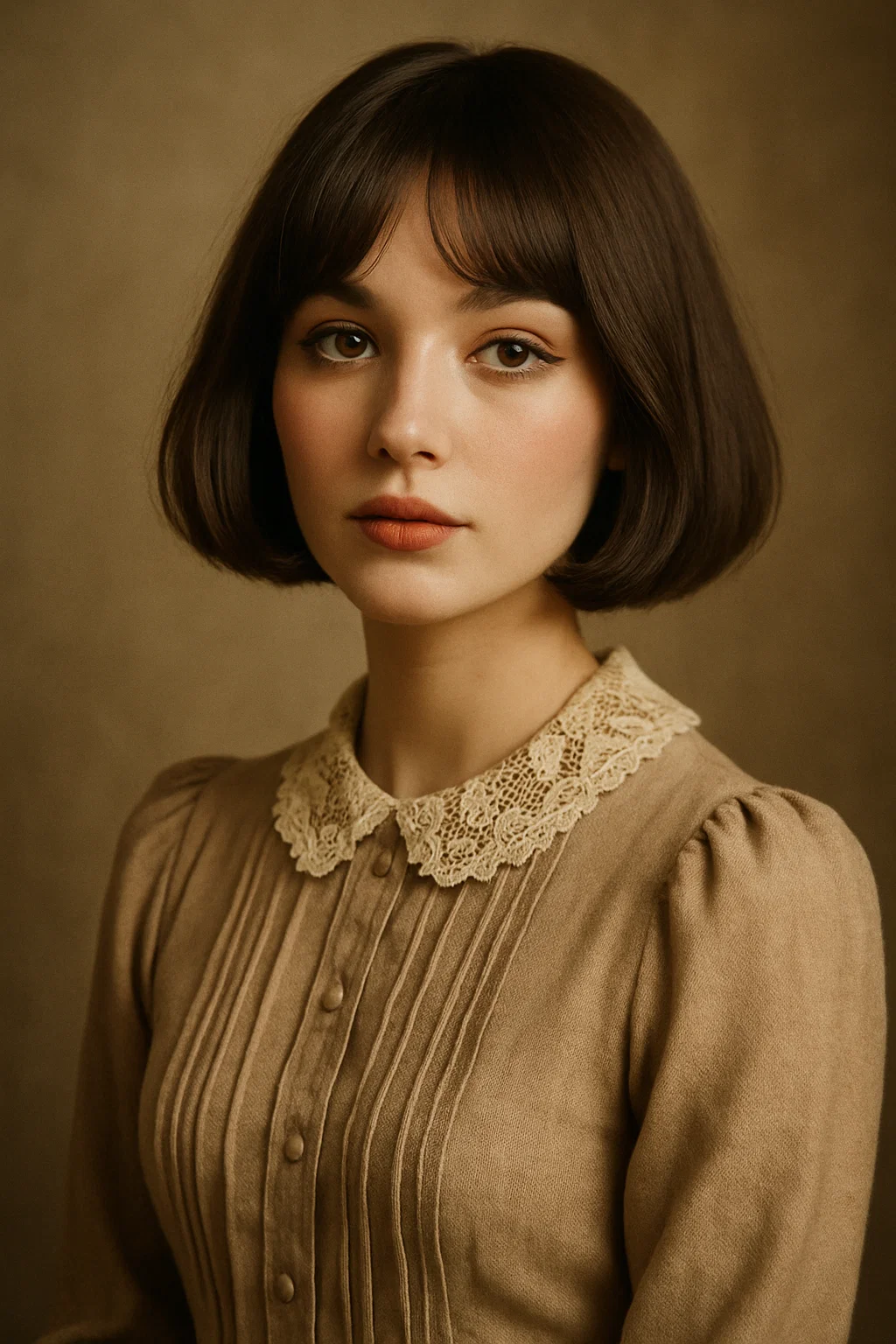 an image of a woman with a blunt bob combined with soft, curtain bangs that frame the face elegantly, creating a balanced, feminine look