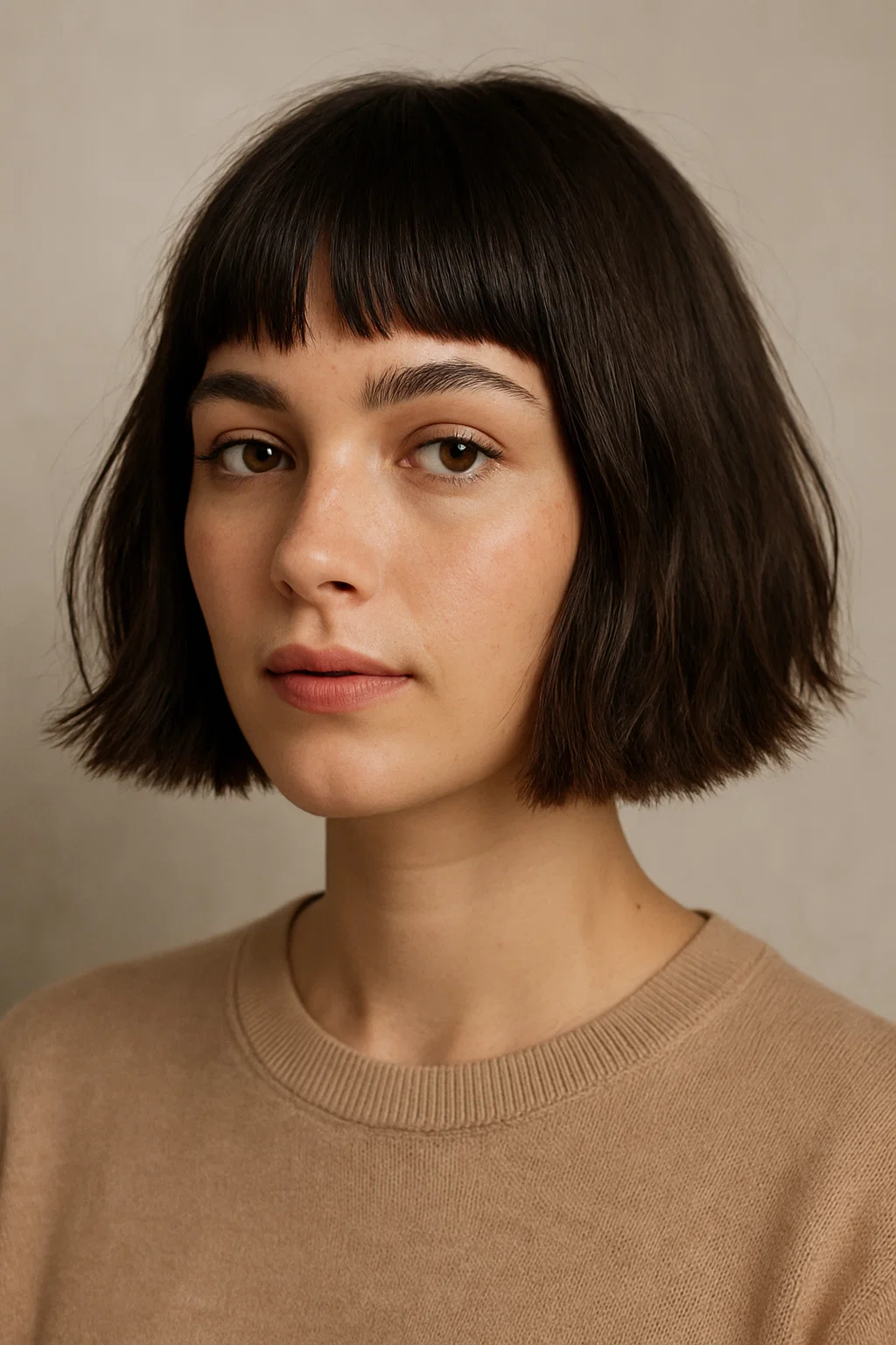 an image of a woman with a blunt bob, featuring textured ends for a more lived-in, playful look while maintaining the clean shape of the bob.