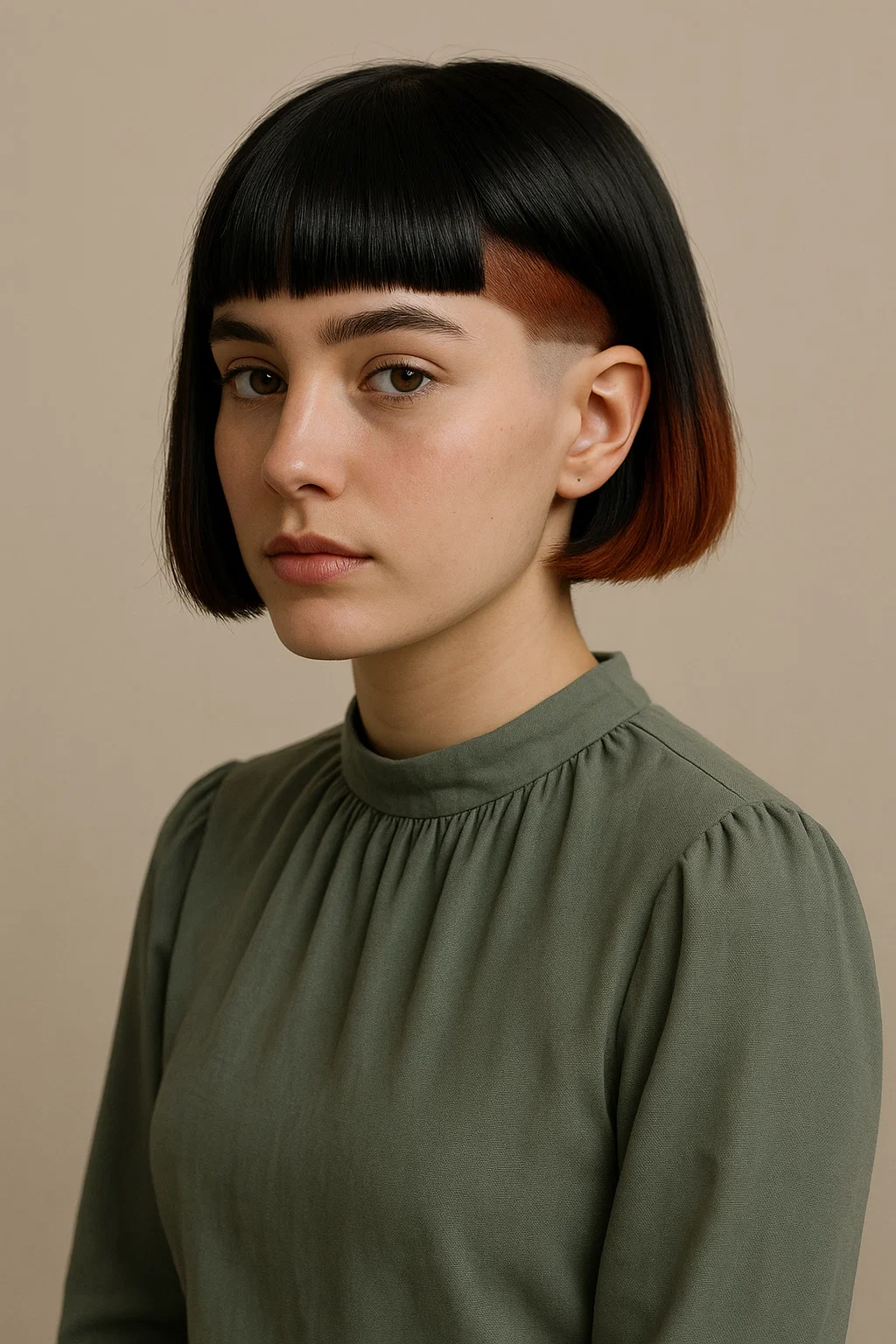 an image of a woman with a blunt bob, incorporating a modern twist such as a hidden undercut or bold color to create a fresh, contemporary look.