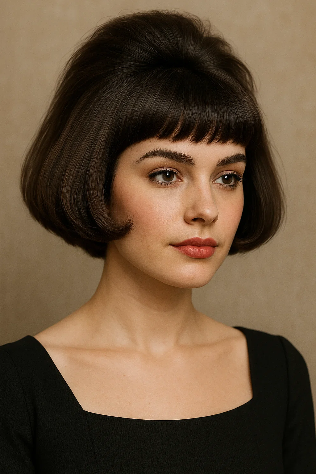 an image of a woman with a blunt bob styled to add volume at the crown using mousse or volumizing spray for a fuller, more dynamic appearance.