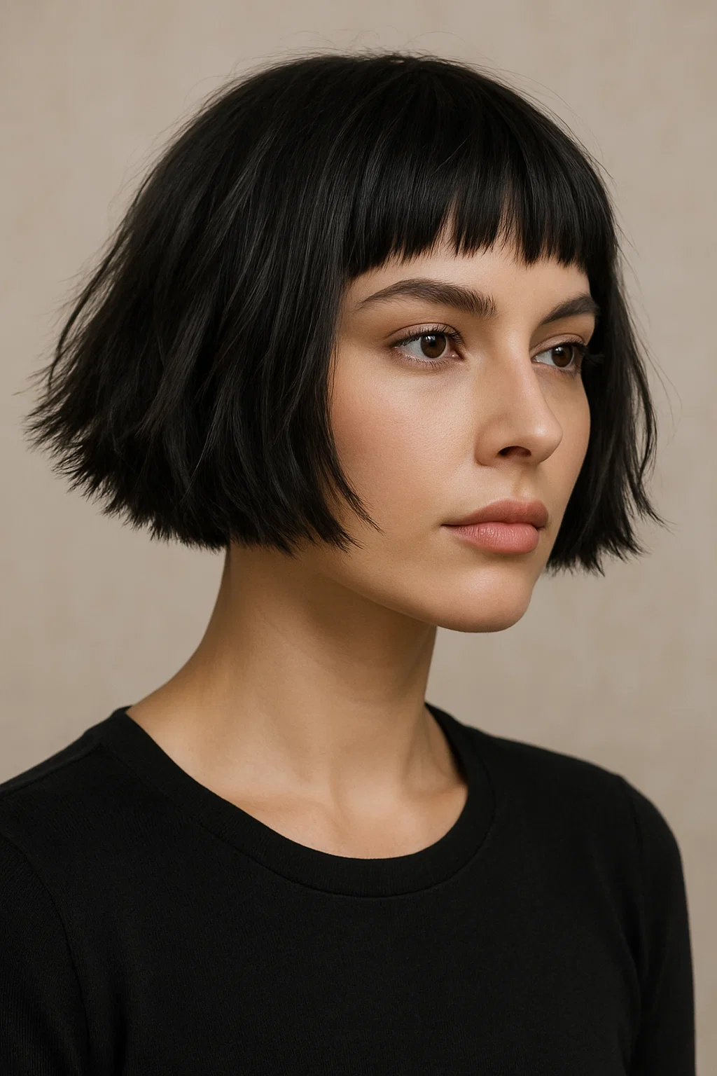 an image of a woman with a blunt bob that features razor-cut edges for added texture and volume, maintaining a sharp, structured look.