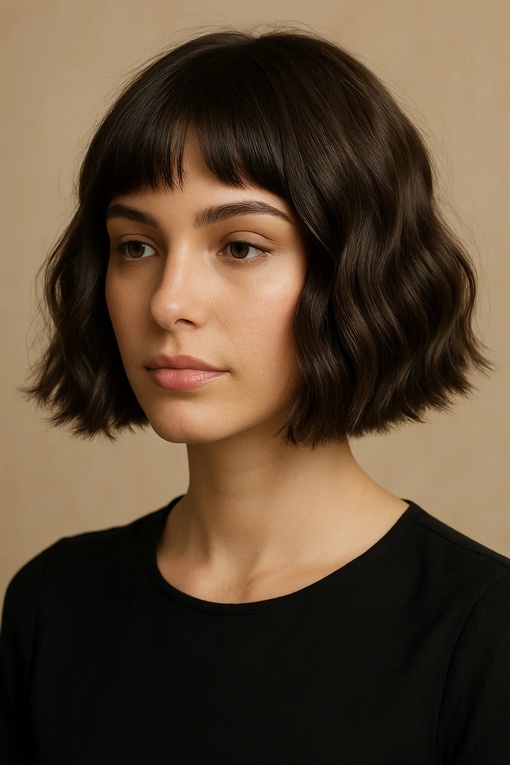 an image of a woman with a blunt bob that features soft, subtle waves, adding texture and movement while maintaining the sleek structure of the bob.