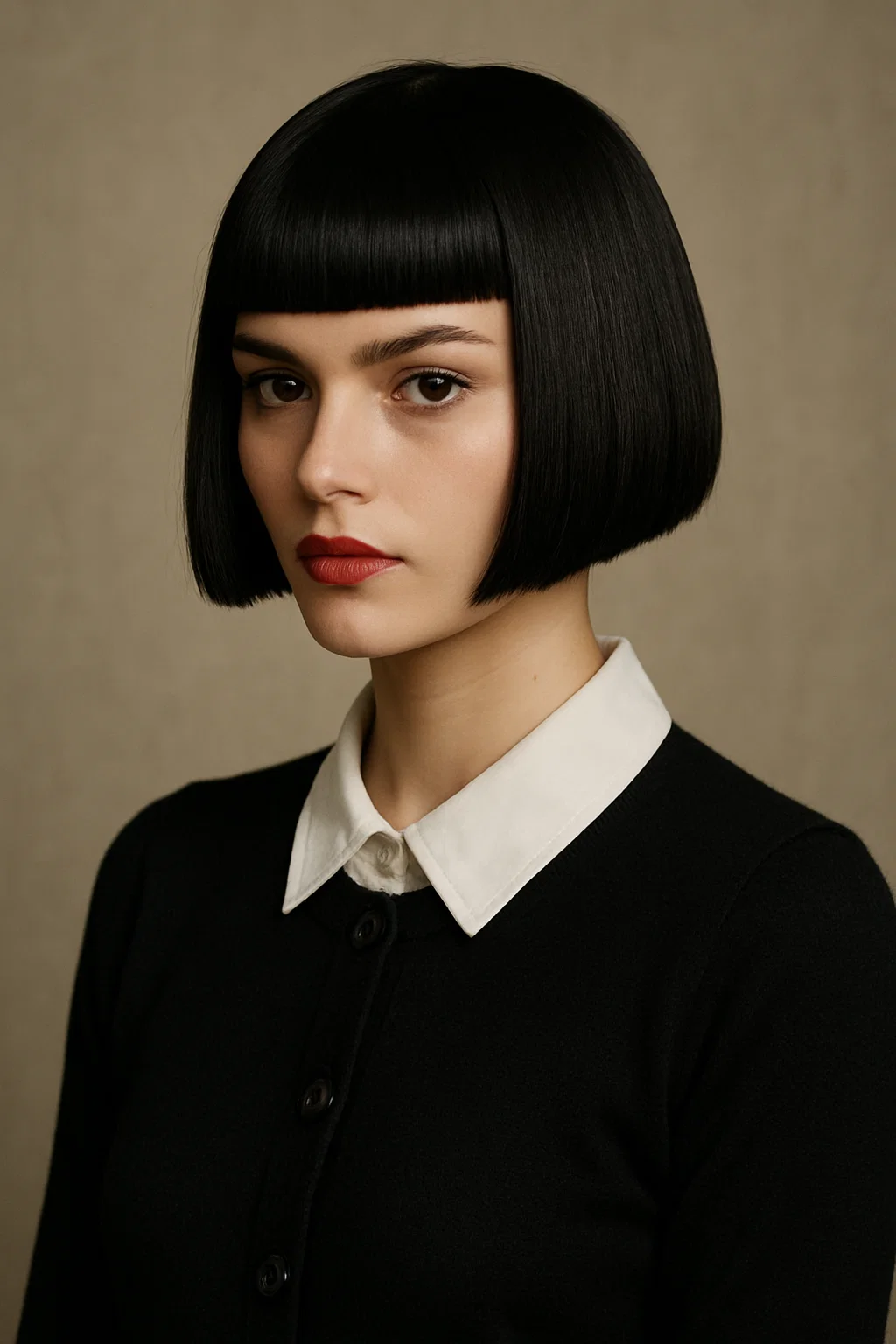 an image of a woman with a blunt bob, where the edges are sharp and angular for a bold, striking appearance