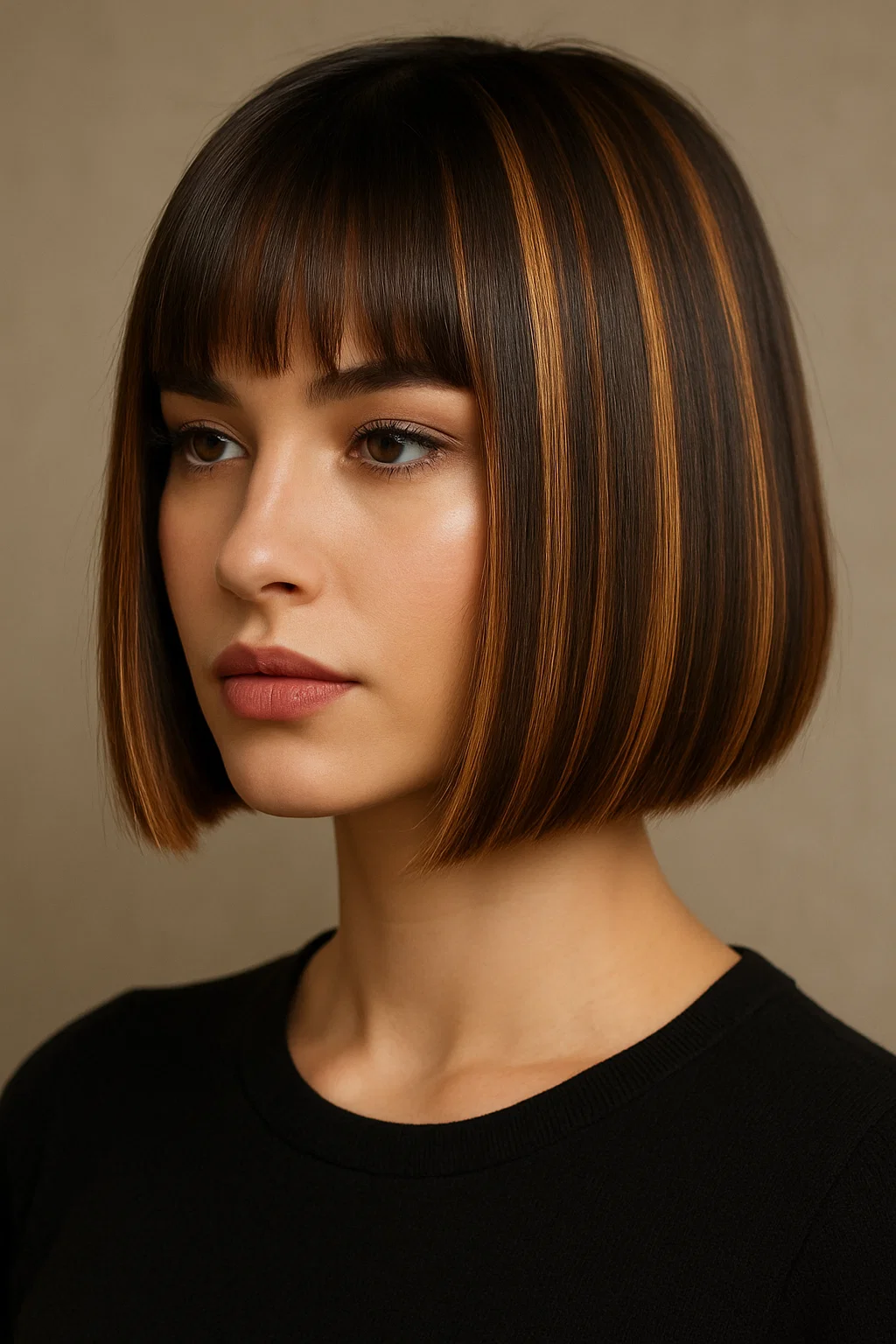an image of a woman with a blunt cut, enhanced by soft caramel or honey highlights, adding dimension and contrast to the sharp lines.