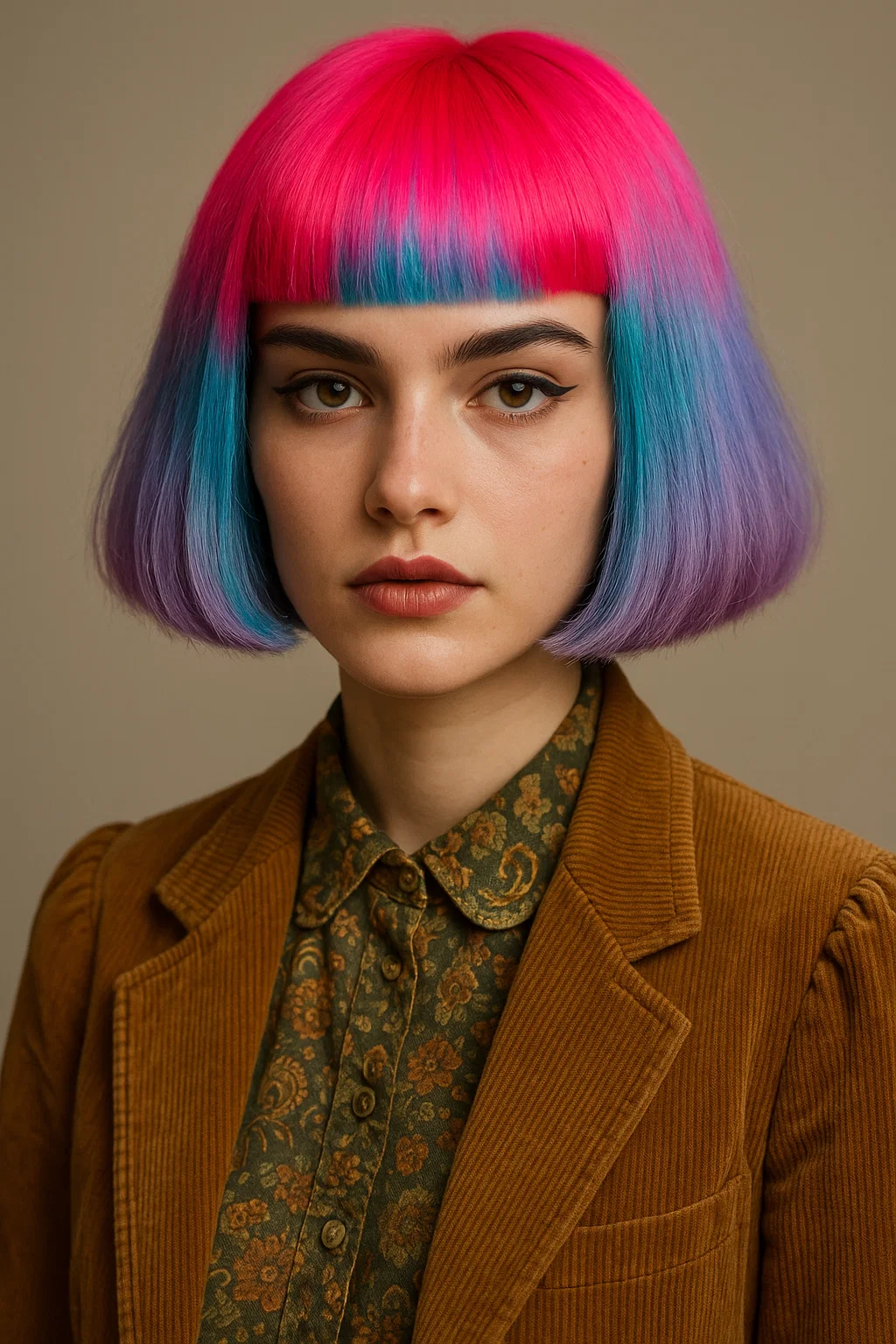 an image of a woman with a blunt cut, featuring bold, vibrant hair colors like neon pink, electric blue, or pastel purple for a striking, fashion-forward look.