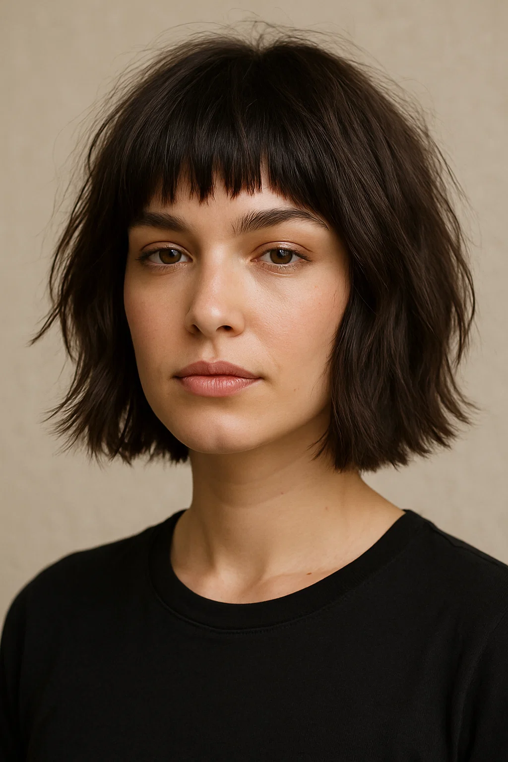 an image of a woman with a blunt cut featuring choppy layers at the ends, giving the hair a textured and tousled appearance.